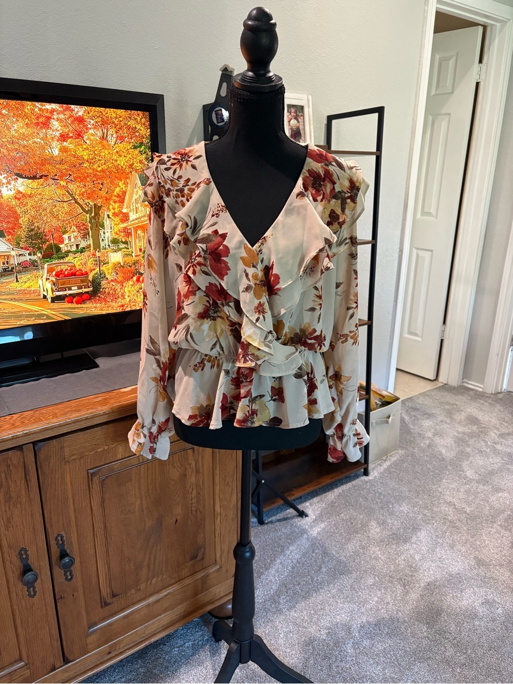 L.I.F.E. Floral Ruffle V-Neck Blouse - Cream with Red & Brown Floral